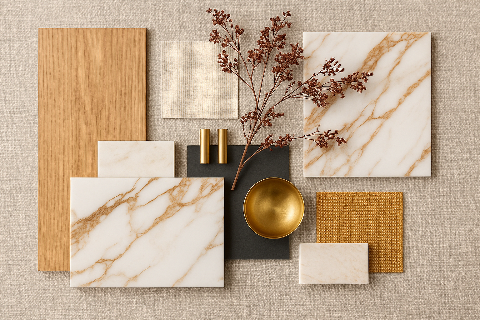 Assemblage moodboard de différent materiaux, matière et divers objets de design