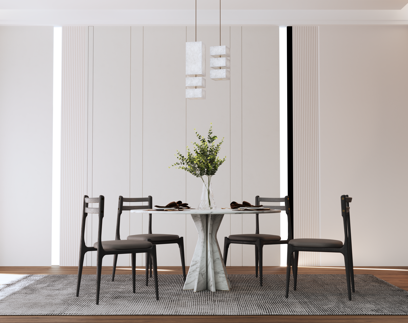 Table à manger à plateau blanc en marbre Blanc Carrara et pied de marbre sculpté, dans une salle à manger