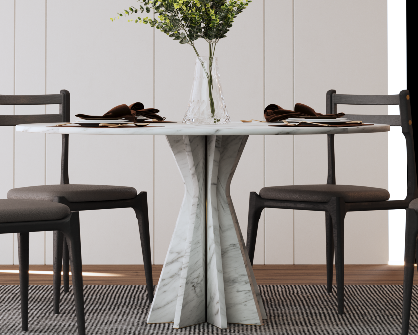 Plateau de table à manger blanc en marbre Blanc Carrara sur pied de marbre sculpté
