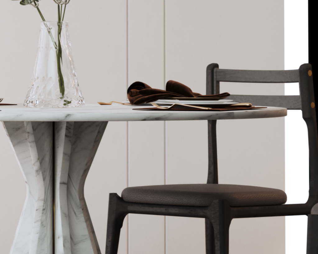 Table à manger à plateau blanc en marbre Blanc Carrara et pied de marbre sculpté