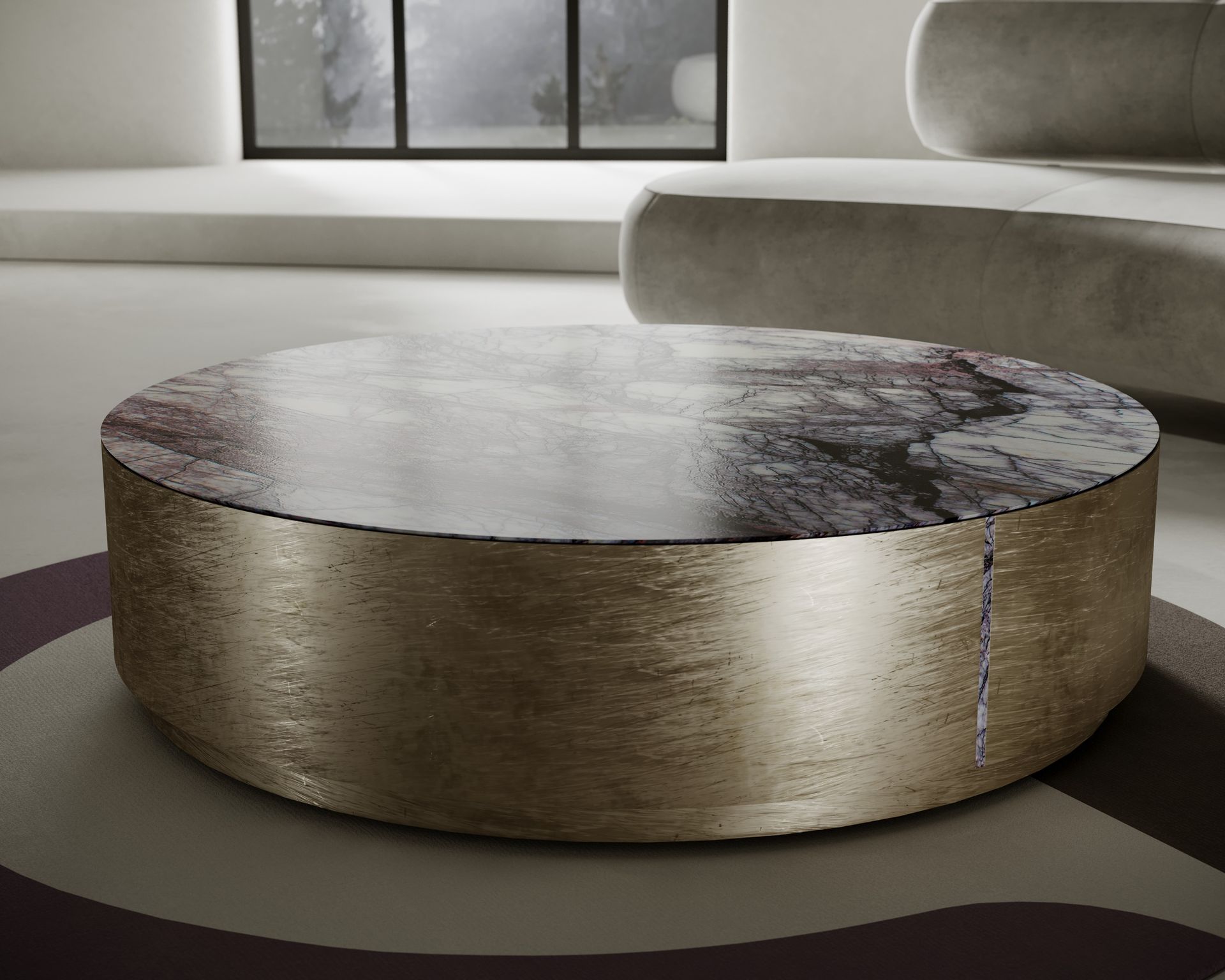 Plateau de table basse blanc en marbre Lilac sur socle laiton