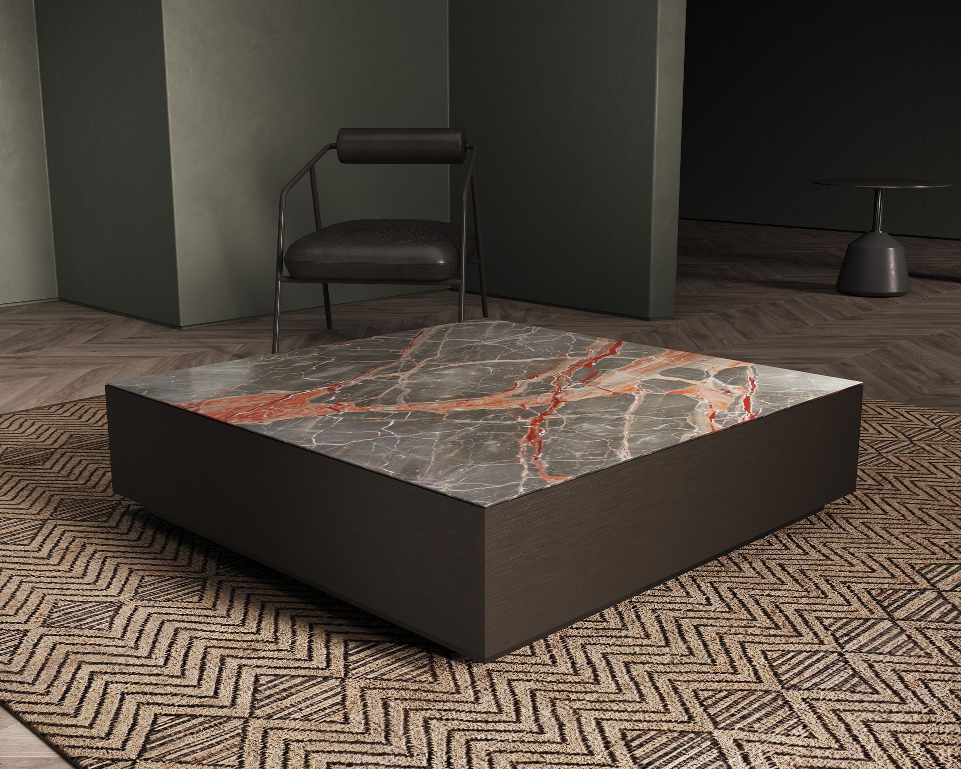 Plateau de table basse gris en marbre Ombra Di Caravaggio sur socle noir