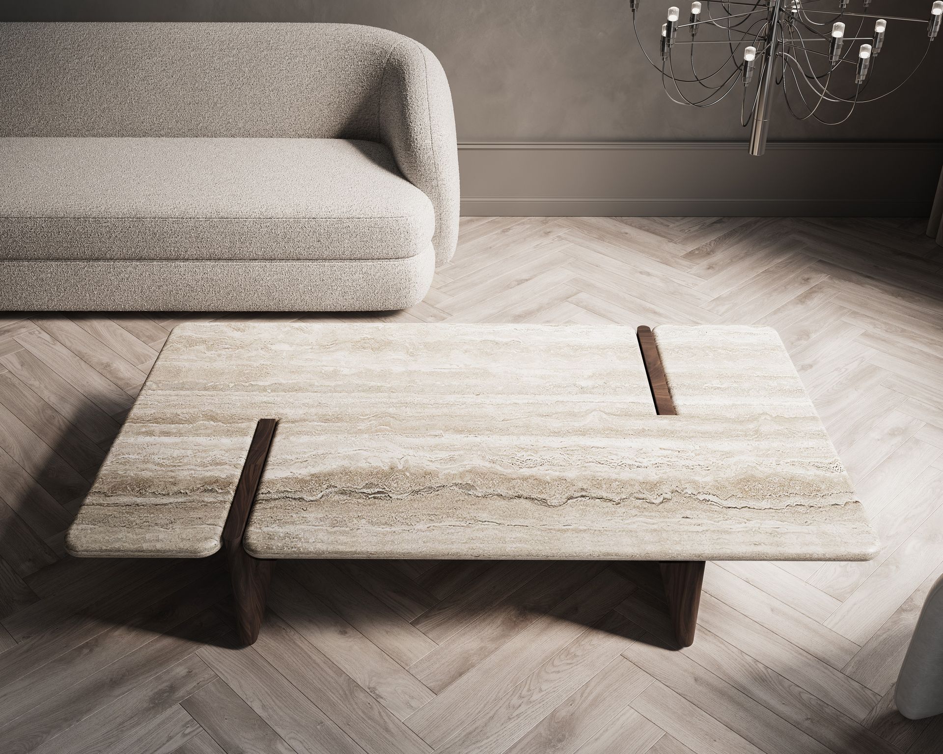 Table basse à plateau beige en marbre Travertino Classique et pied bois foncé