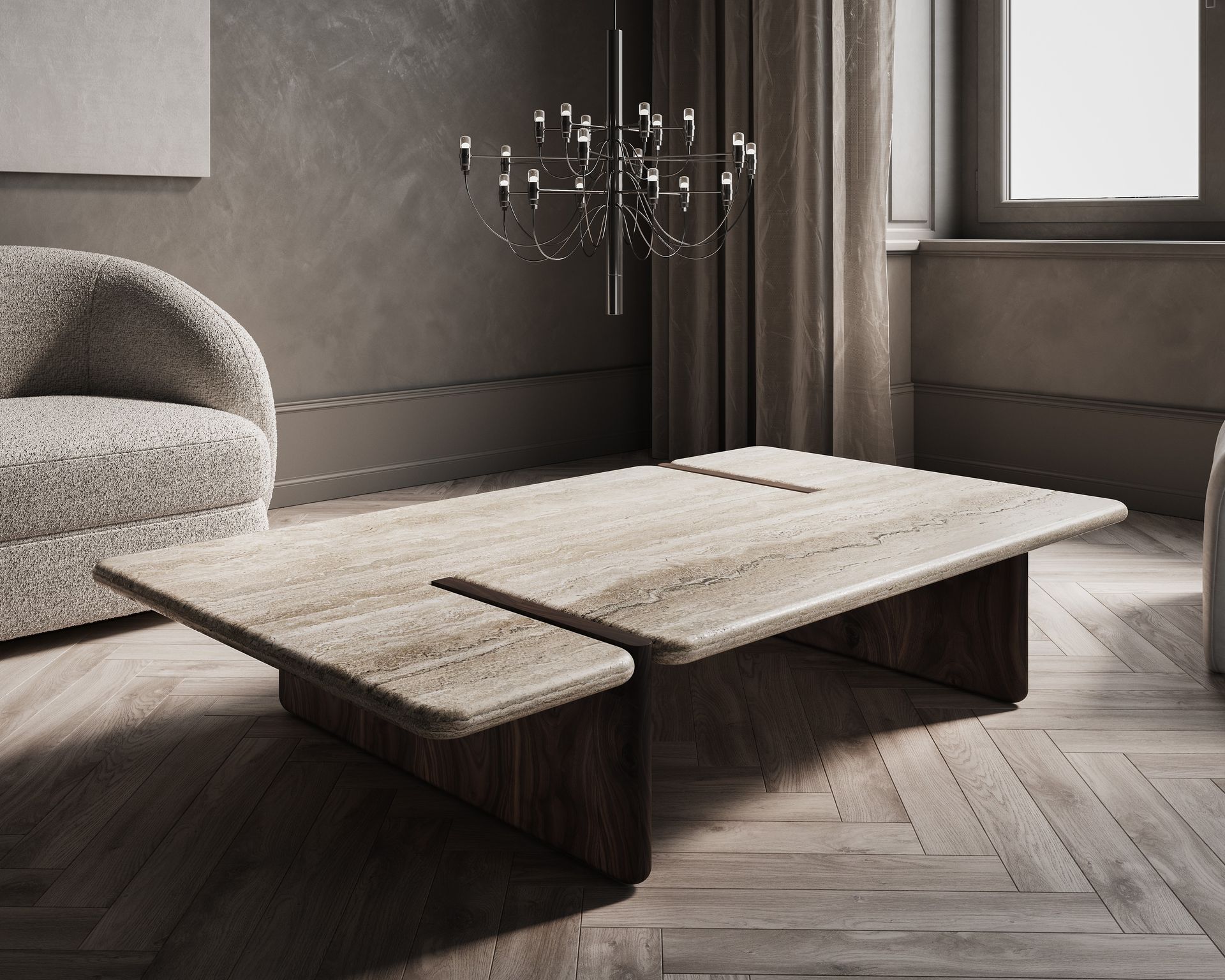 Plateau de table basse beige en marbre Travertino Classique sur pied bois foncé