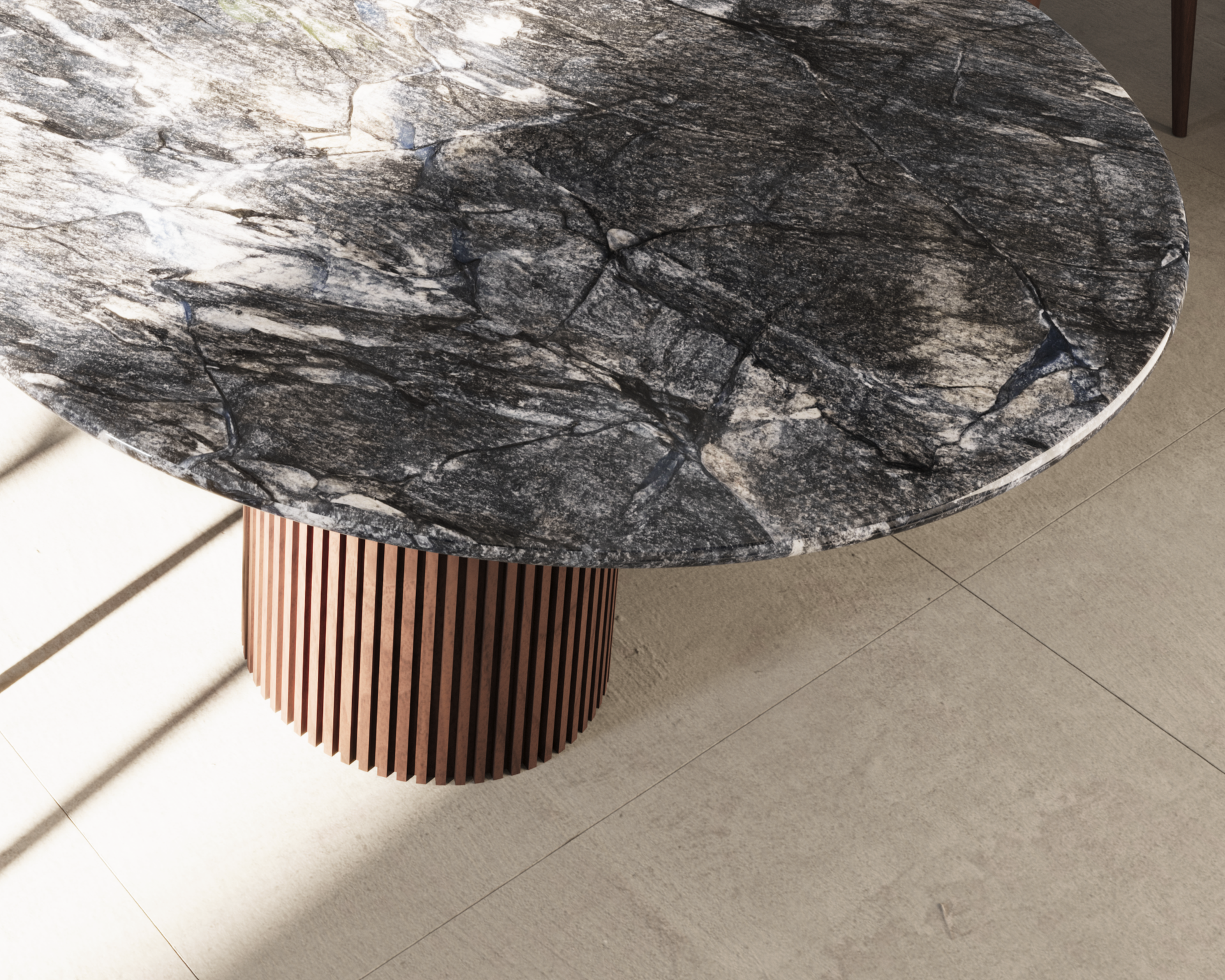 Plateau de table à manger gris en marbre sur pied bois cannelé