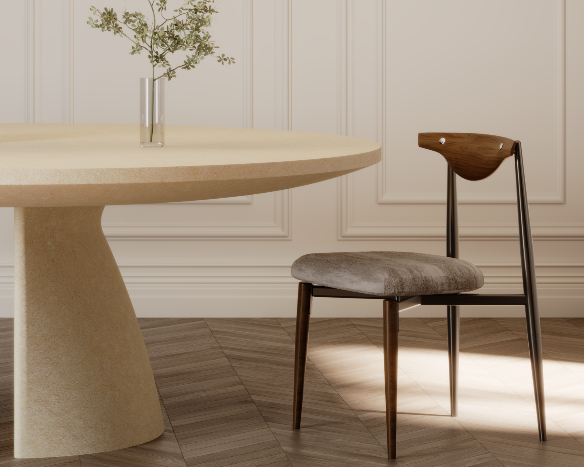 Table à manger à plateau beige en marbre Travertino Classique et pied central de pierre