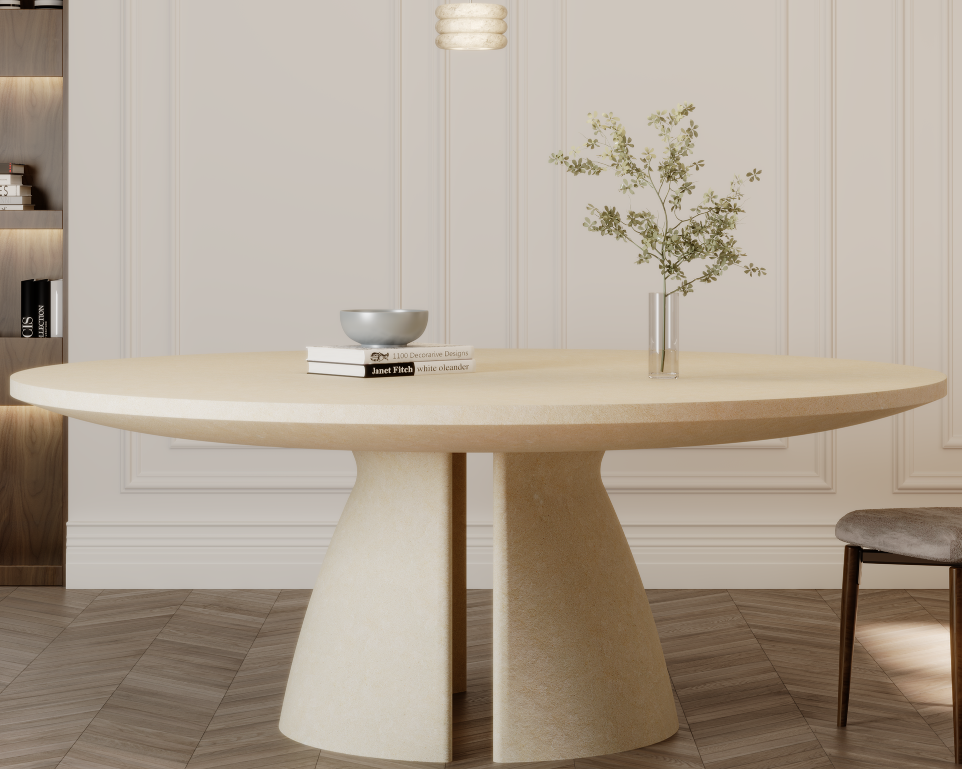 Plateau de table à manger beige en marbre Travertino Classique sur pied central de pierre