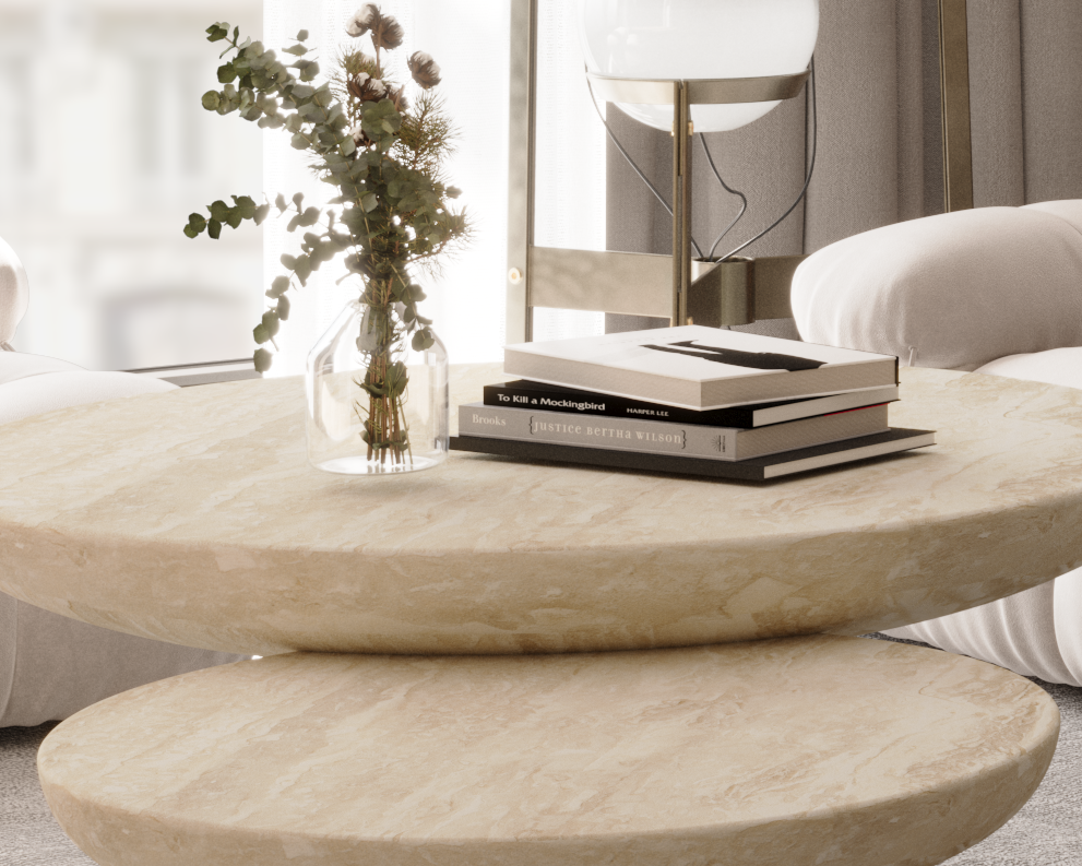 Table basse à plateau beige en marbre Travertino Classique et socle de pierre