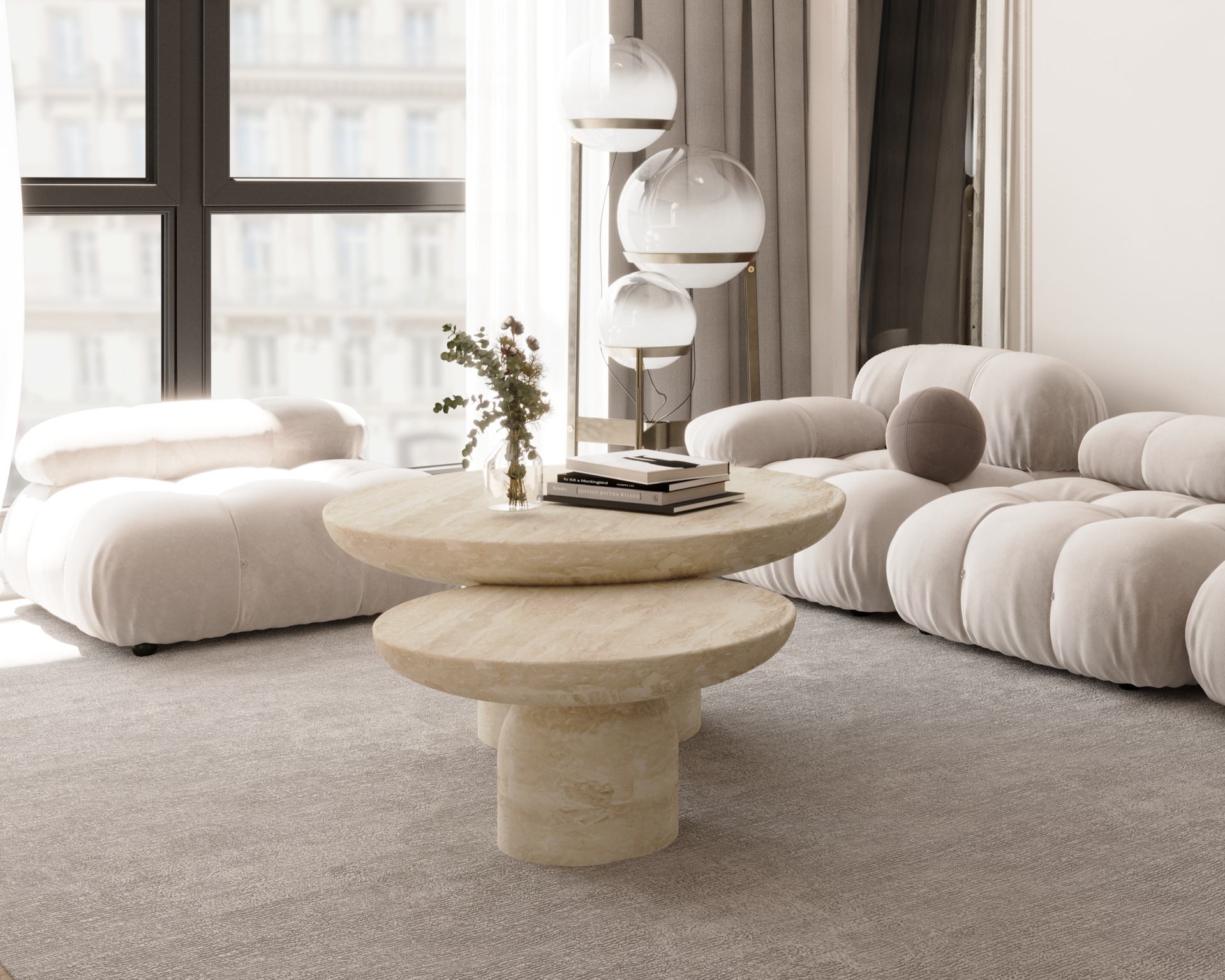 Plateau de table basse beige en marbre Travertino Classique sur socle de pierre