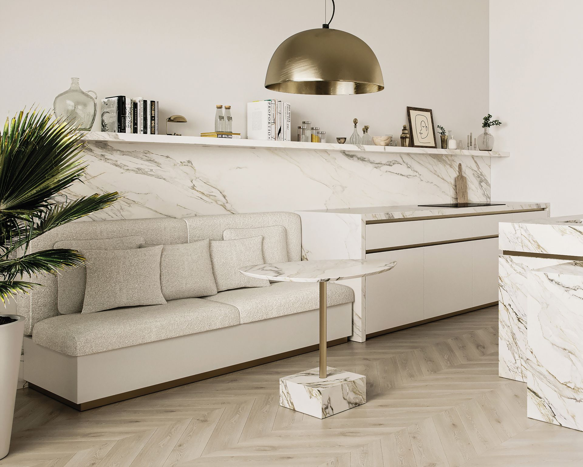Guéridon à plateau blanc en marbre et pied laiton, le long d'une banquette
