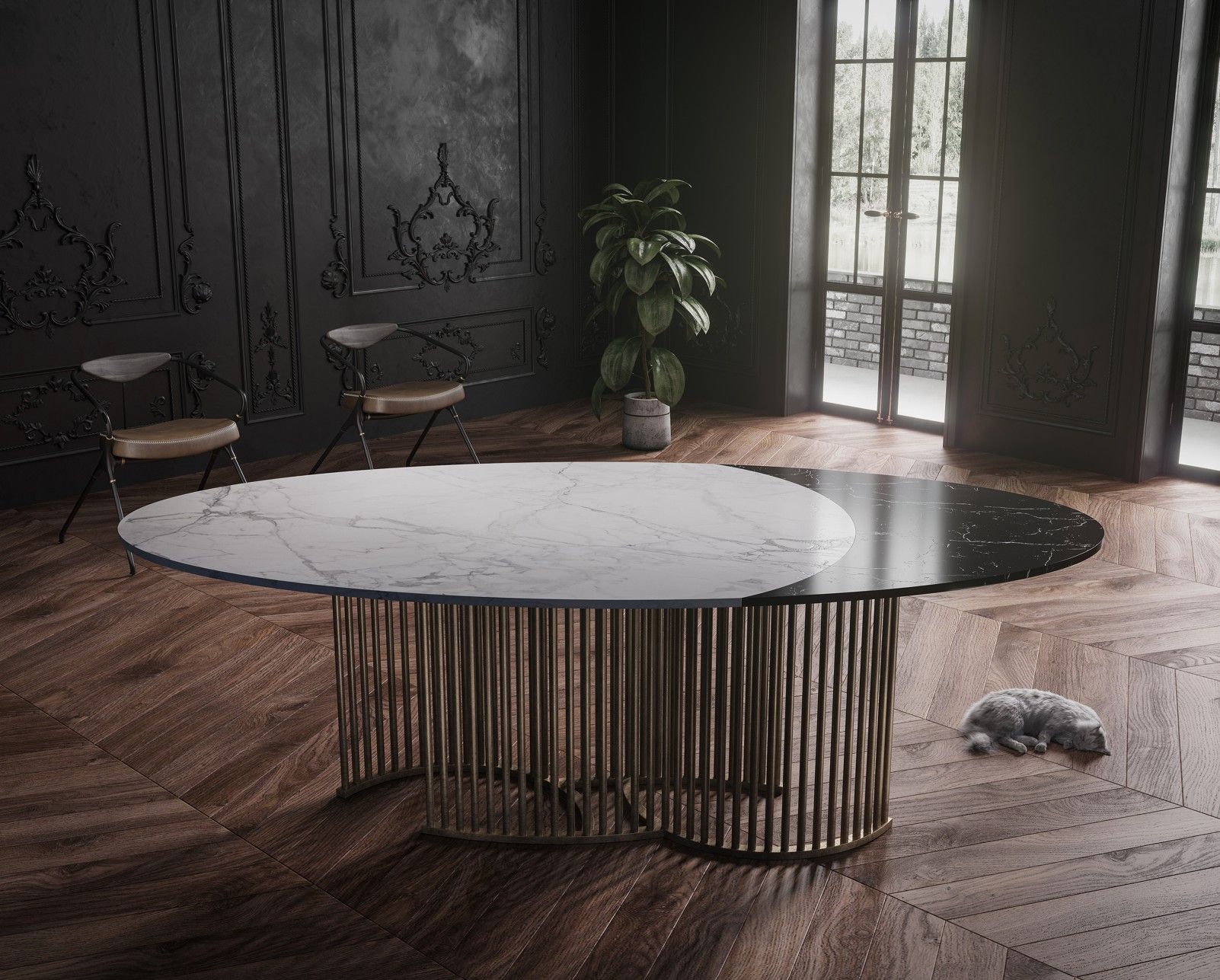 Table ovale à plateau blanc et noir sur socle à barreaux de laiton, dans une salle à manger