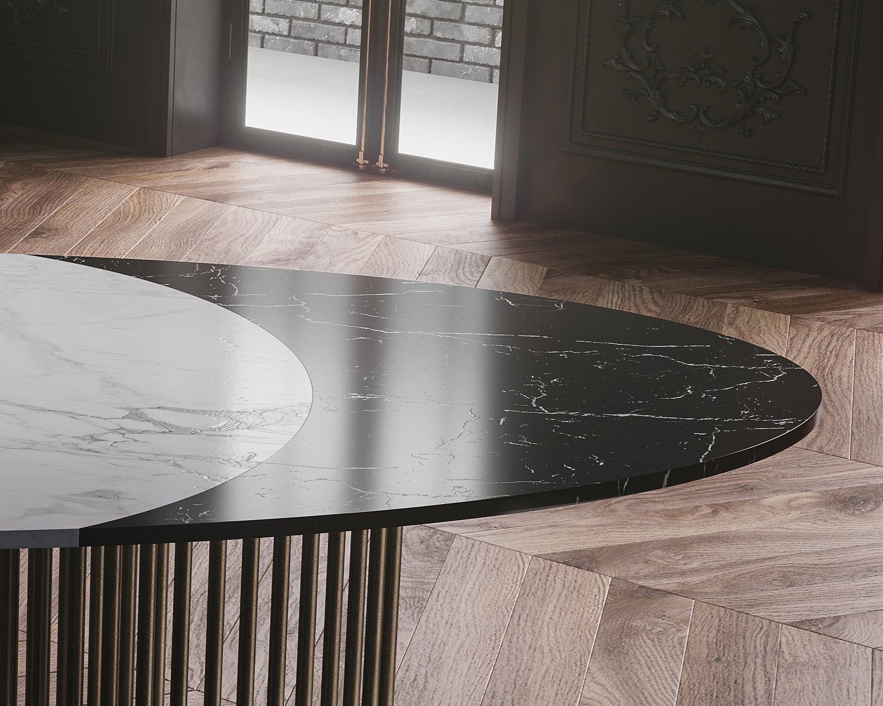Plateau de table ovale blanc et noir sur socle à barreaux de laiton