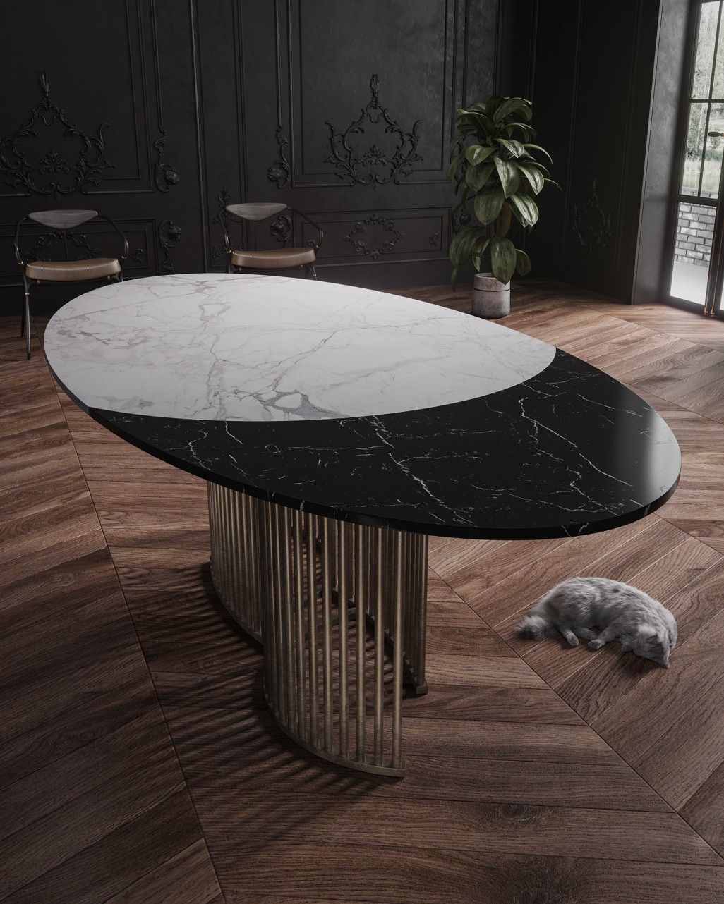 Table ovale bicolore blanche et noire sur socle à barreaux de laiton