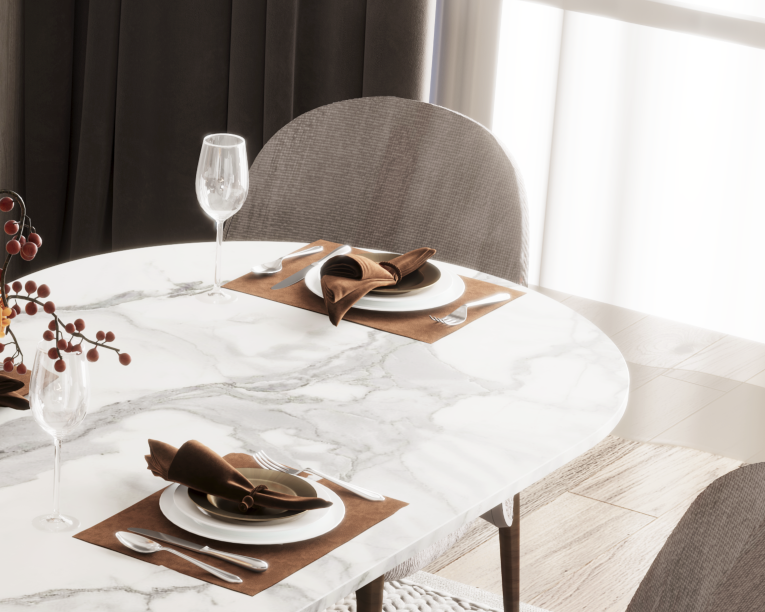 Table à manger à plateau blanc en marbre et pied bois cannelé