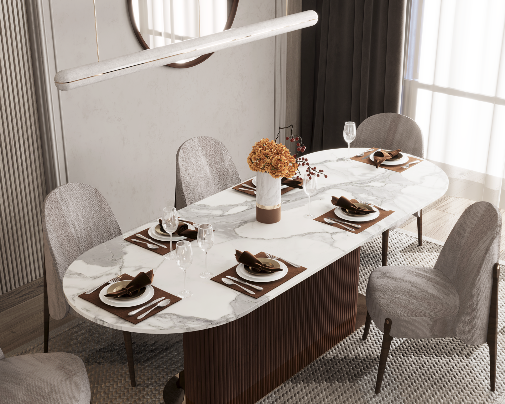 Table à manger à plateau blanc en marbre et pied bois cannelé, dans une salle à manger