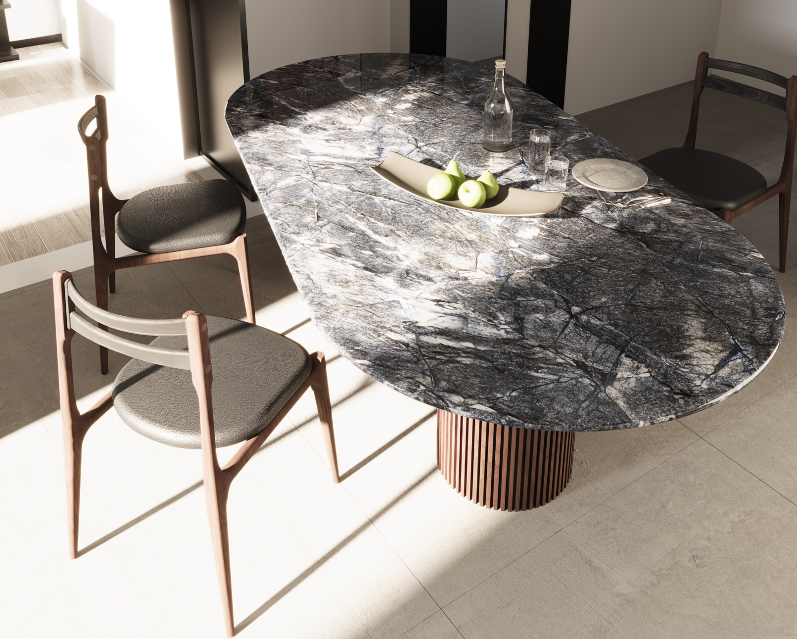 Table à manger à plateau gris en marbre et pied bois cannelé