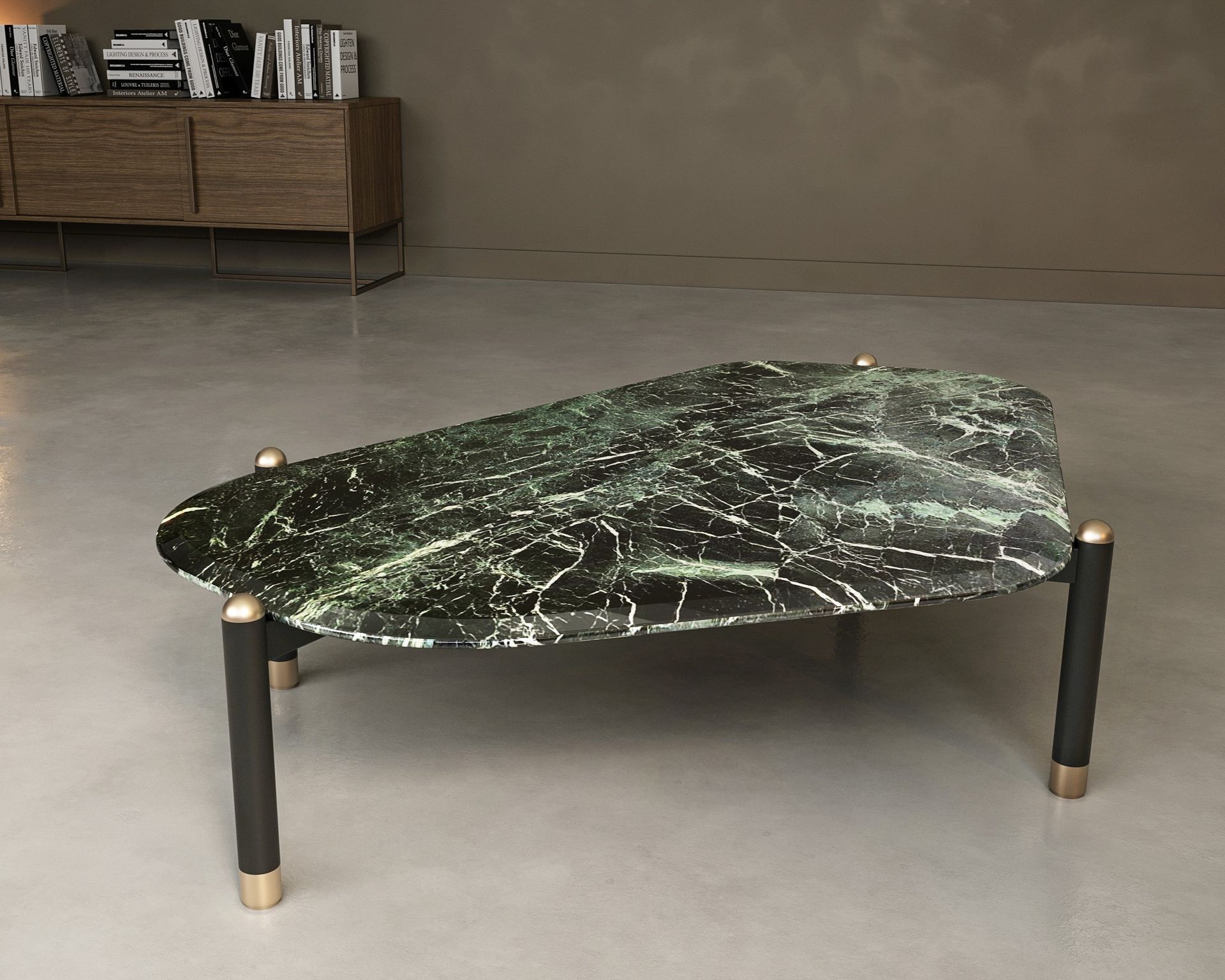 Plateau de table basse vert en marbre Verde Alpi sur pieds noirs à embouts laiton