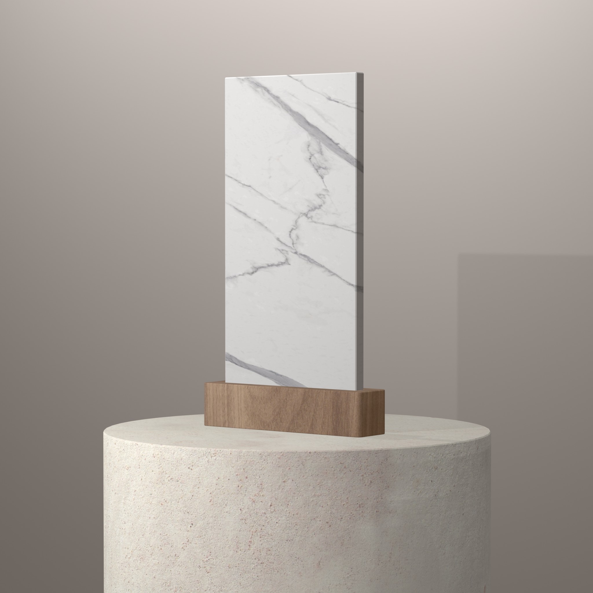 Rendu 3D du coloris Extra Statuario en Ceramique Infinity sur piédestal