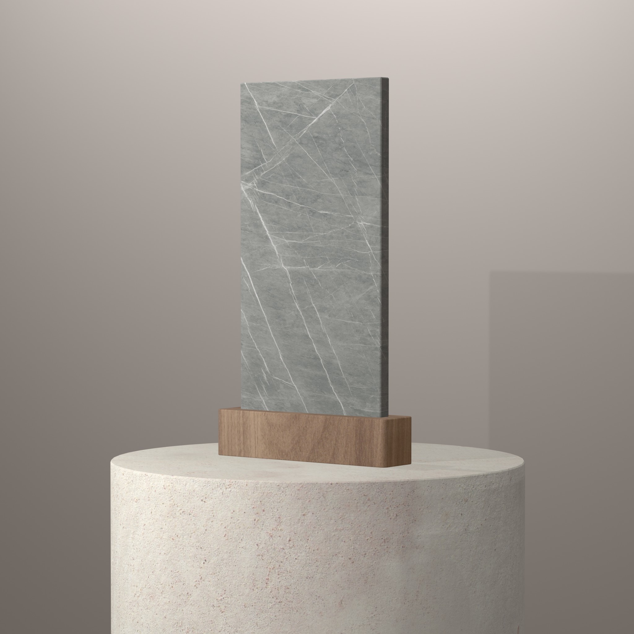 Rendu 3D du coloris Zaha Stone en Ceramique Neolith The Size sur piédestal