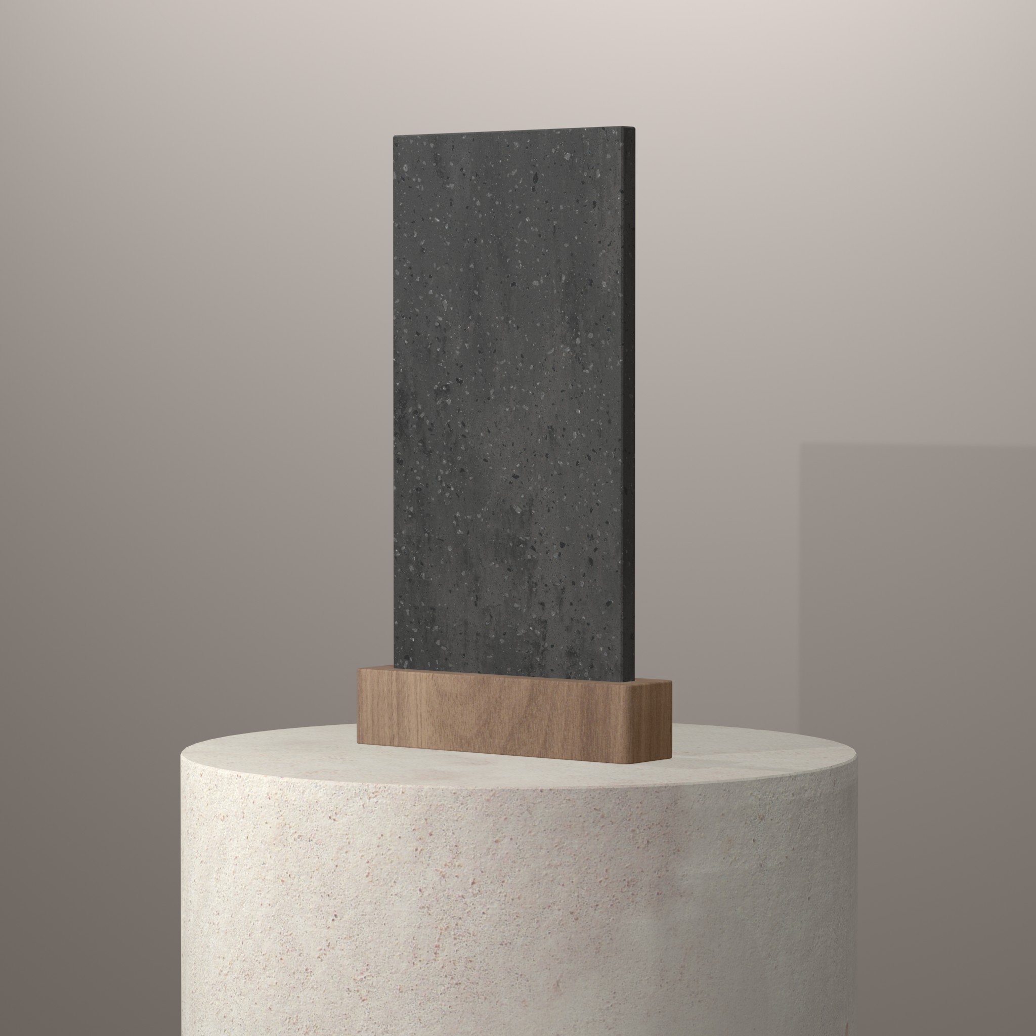 Rendu 3D du coloris Carbon Aggregate en Resine Corian sur piédestal