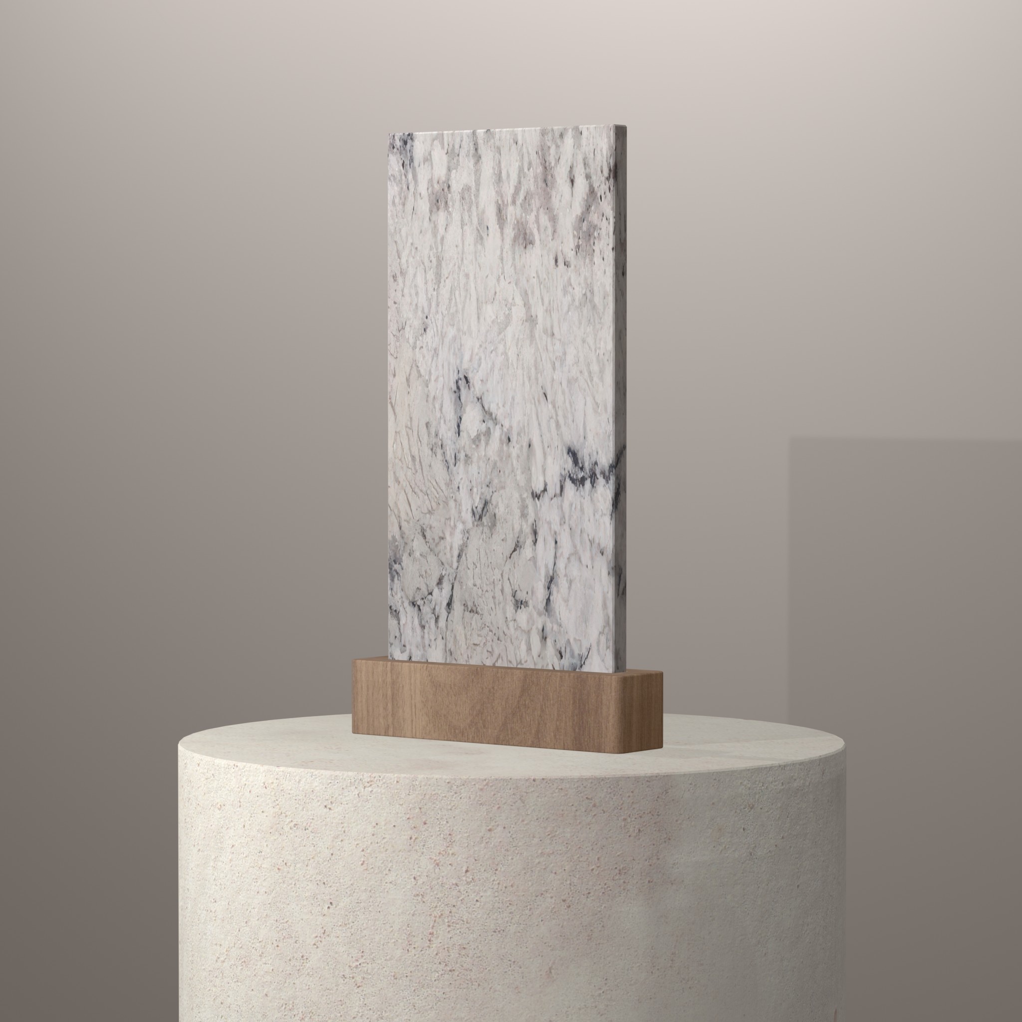 Rendu 3D du coloris Fantastic White en Granit Texta sur piédestal