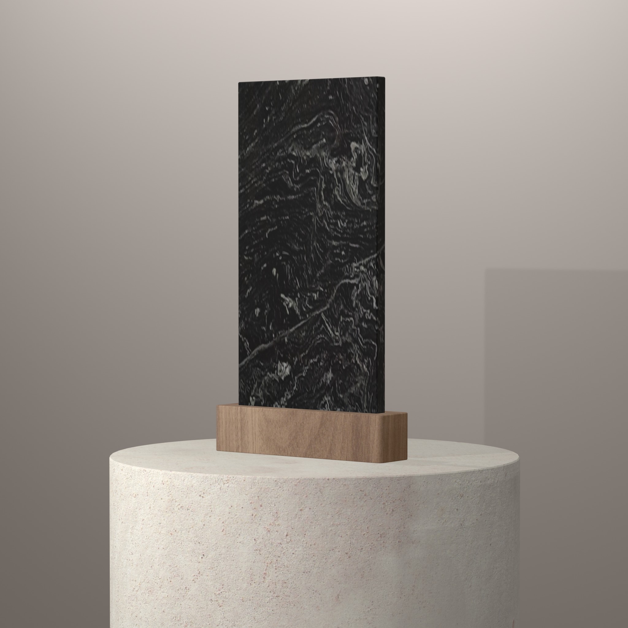 Rendu 3D du coloris Noir Caos en Granit Texta sur piédestal