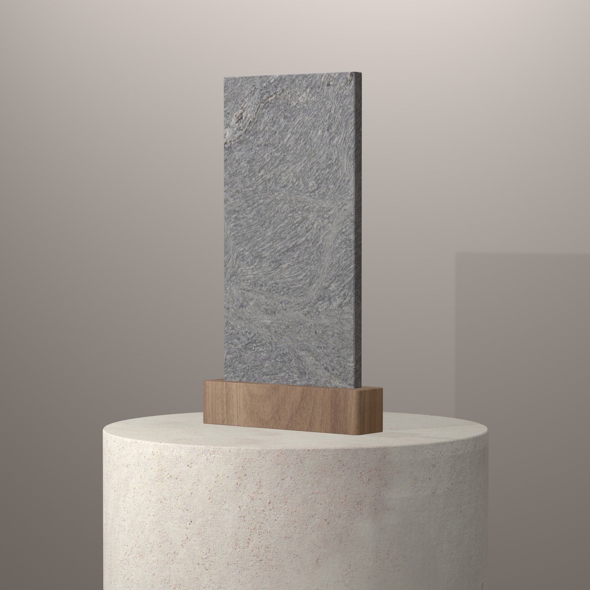 Rendu 3D du coloris Silver Cloud en Granit sur piédestal