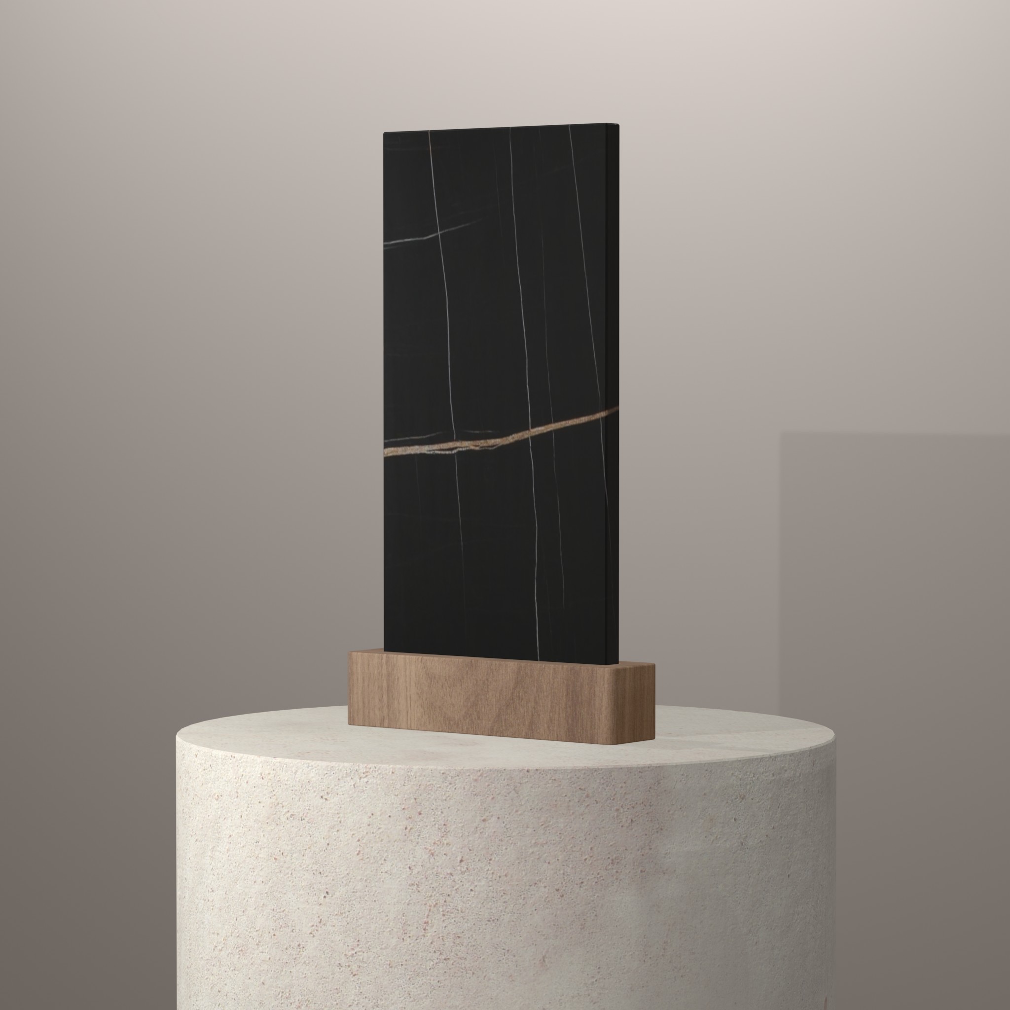 Rendu 3D du coloris Sahara Noir en Marbre sur piédestal