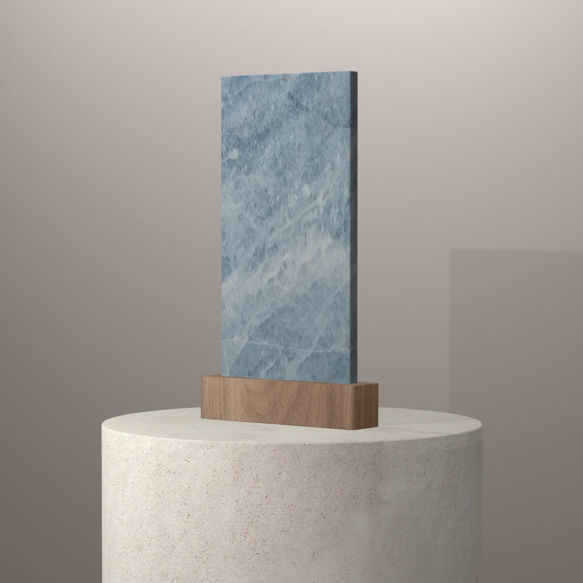 Rendu 3D du coloris Blue Imperador en Quartzite Texta sur piédestal