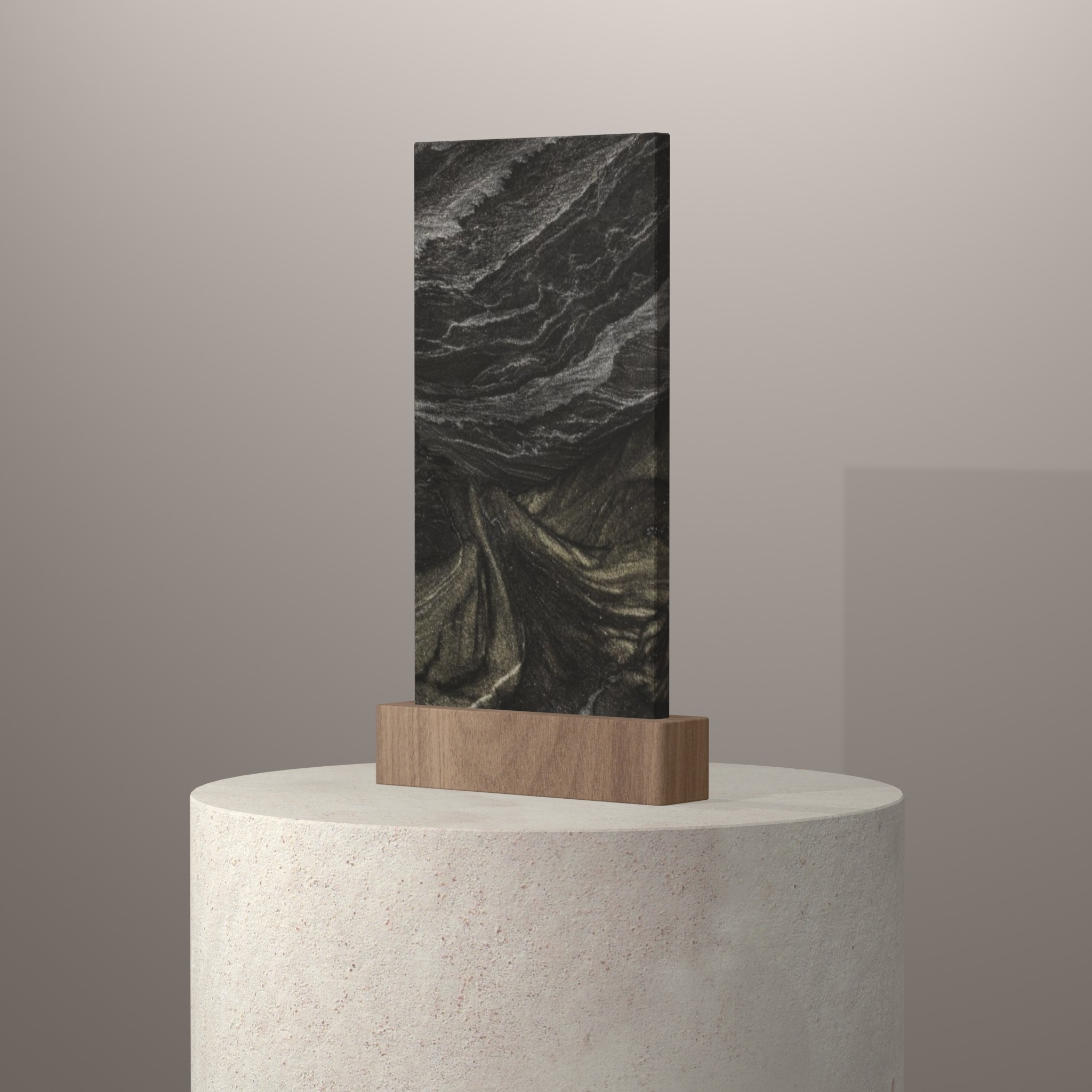 Rendu 3D du coloris Black Tempest en Quartzite sur piédestal