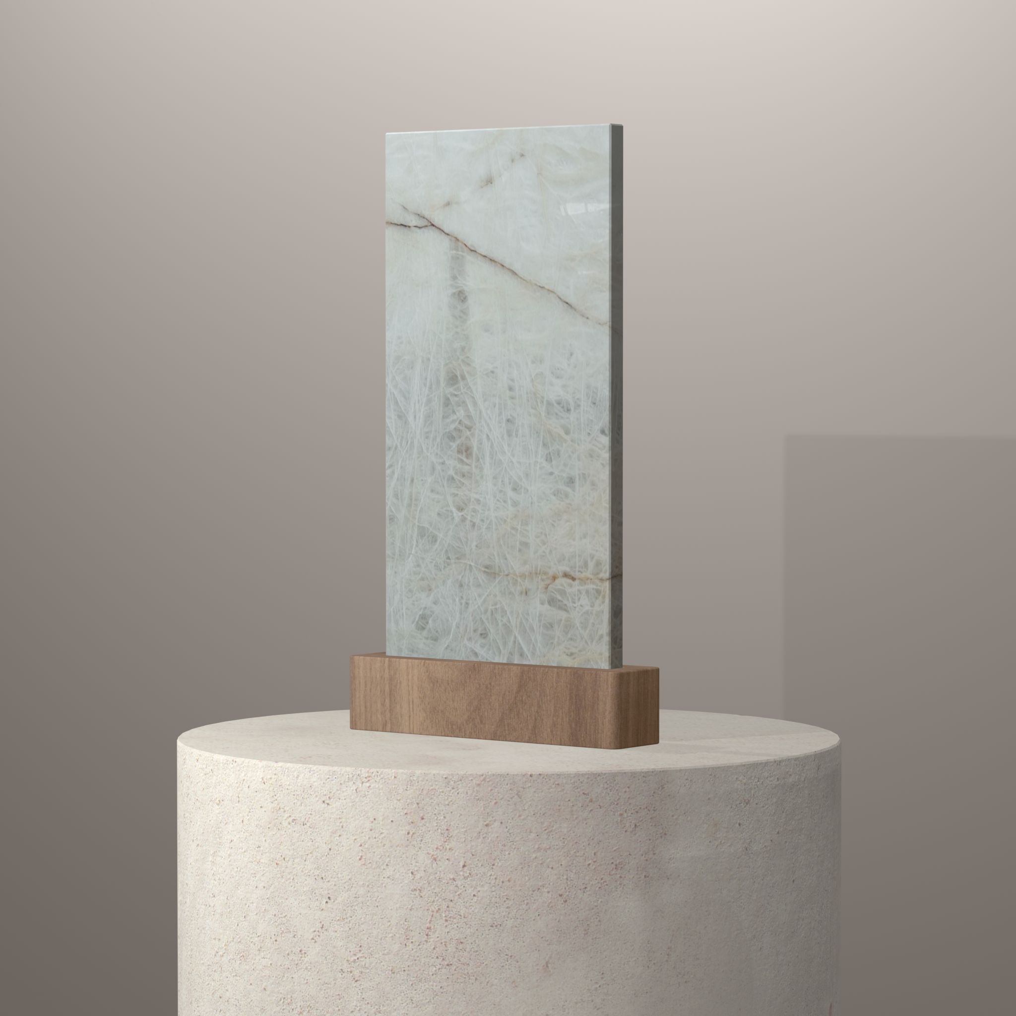 Rendu 3D du coloris Cristal White en Quartzite sur piédestal