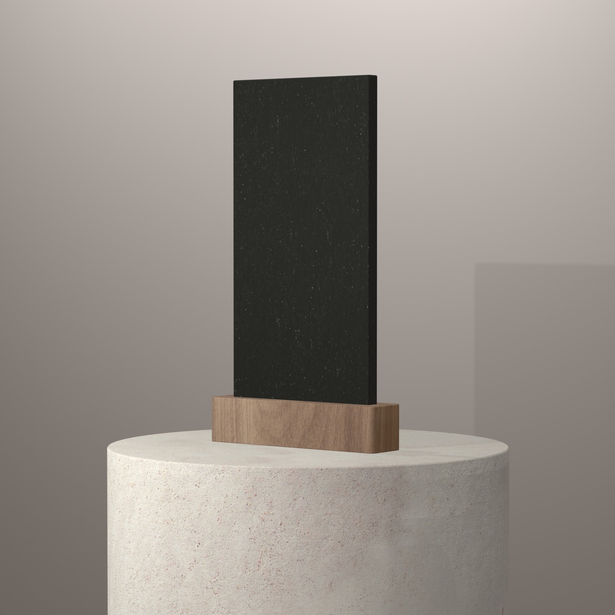 Rendu 3D du coloris Volcano Dark en Pierre Recyclee Compac sur piédestal