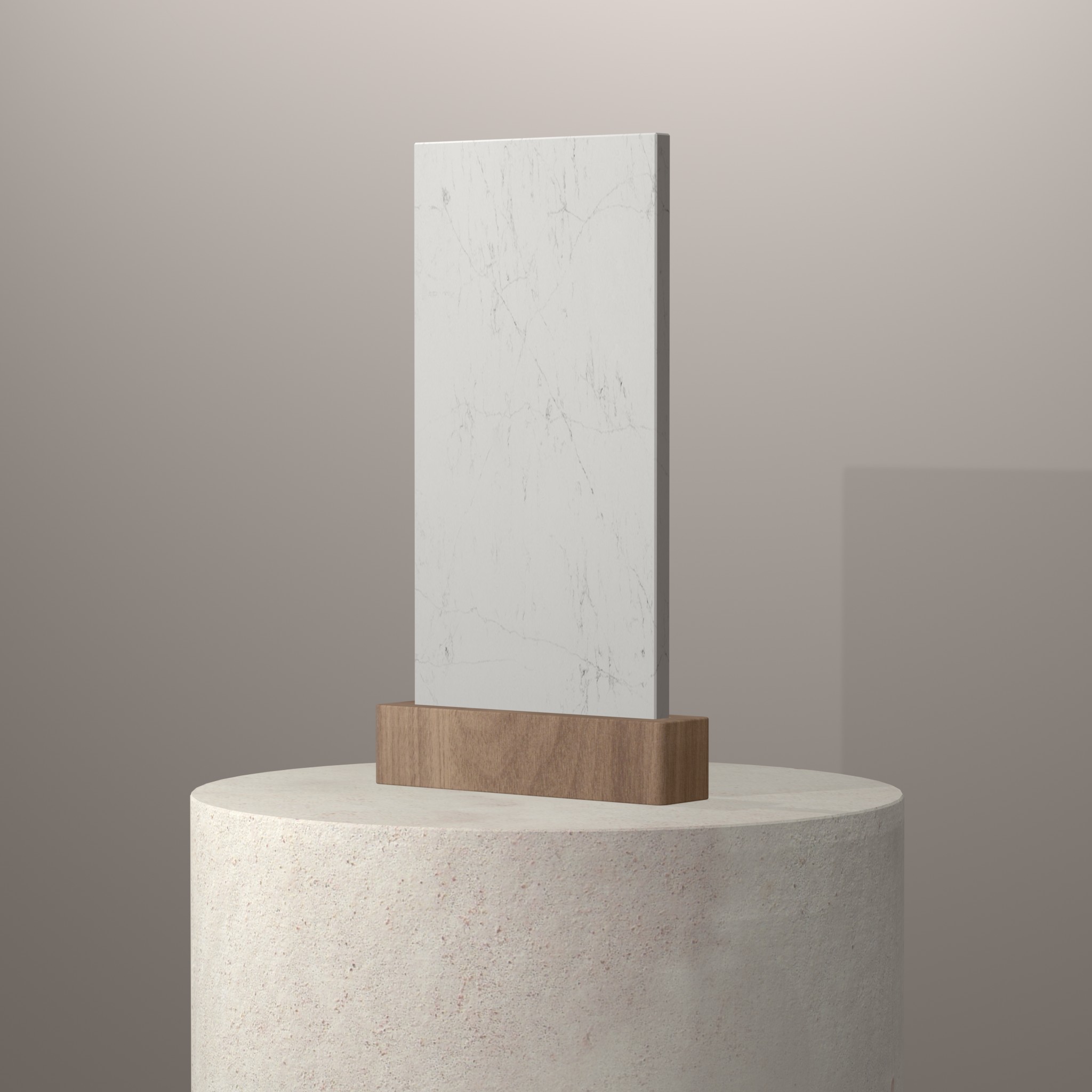 Rendu 3D du coloris Unique Arabescato en Quartz Compac sur piédestal