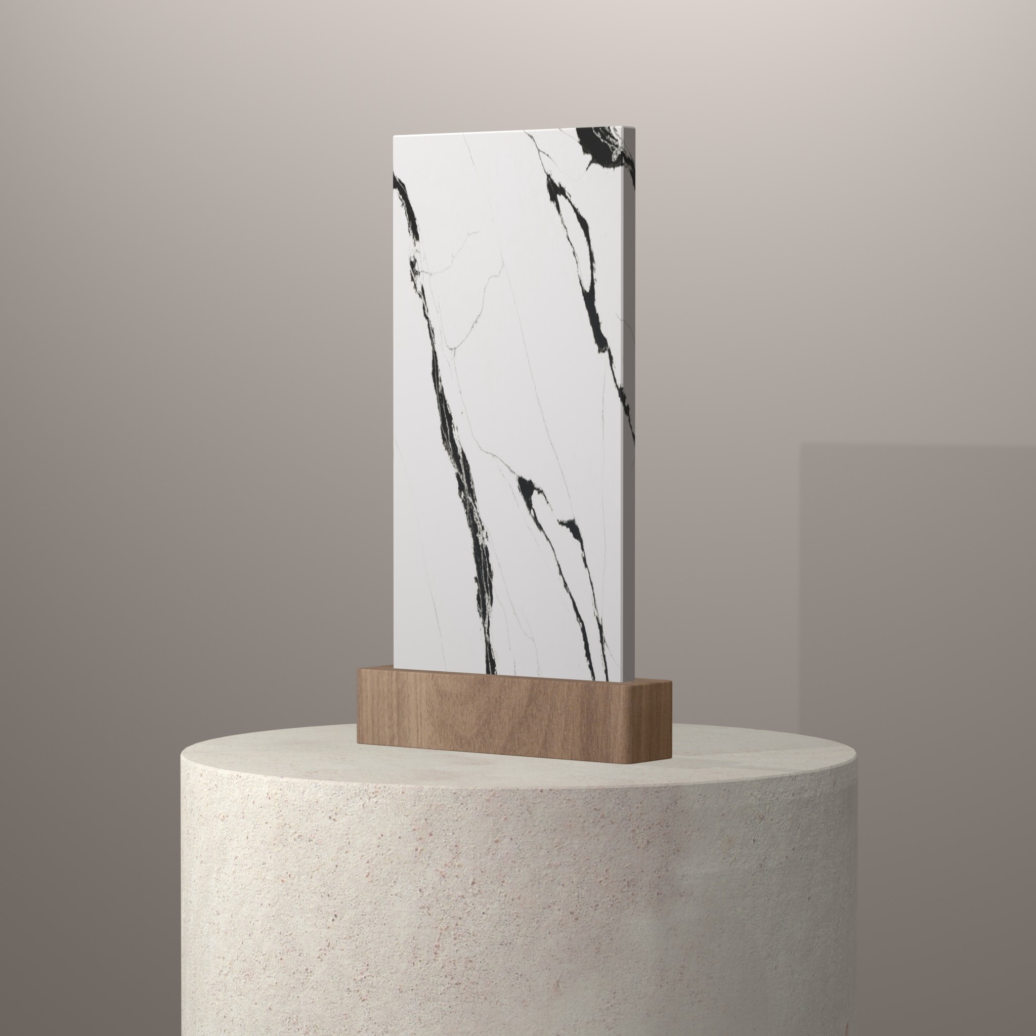 Rendu 3D du coloris Unique Calacatta Black en Quartz Compac sur piédestal