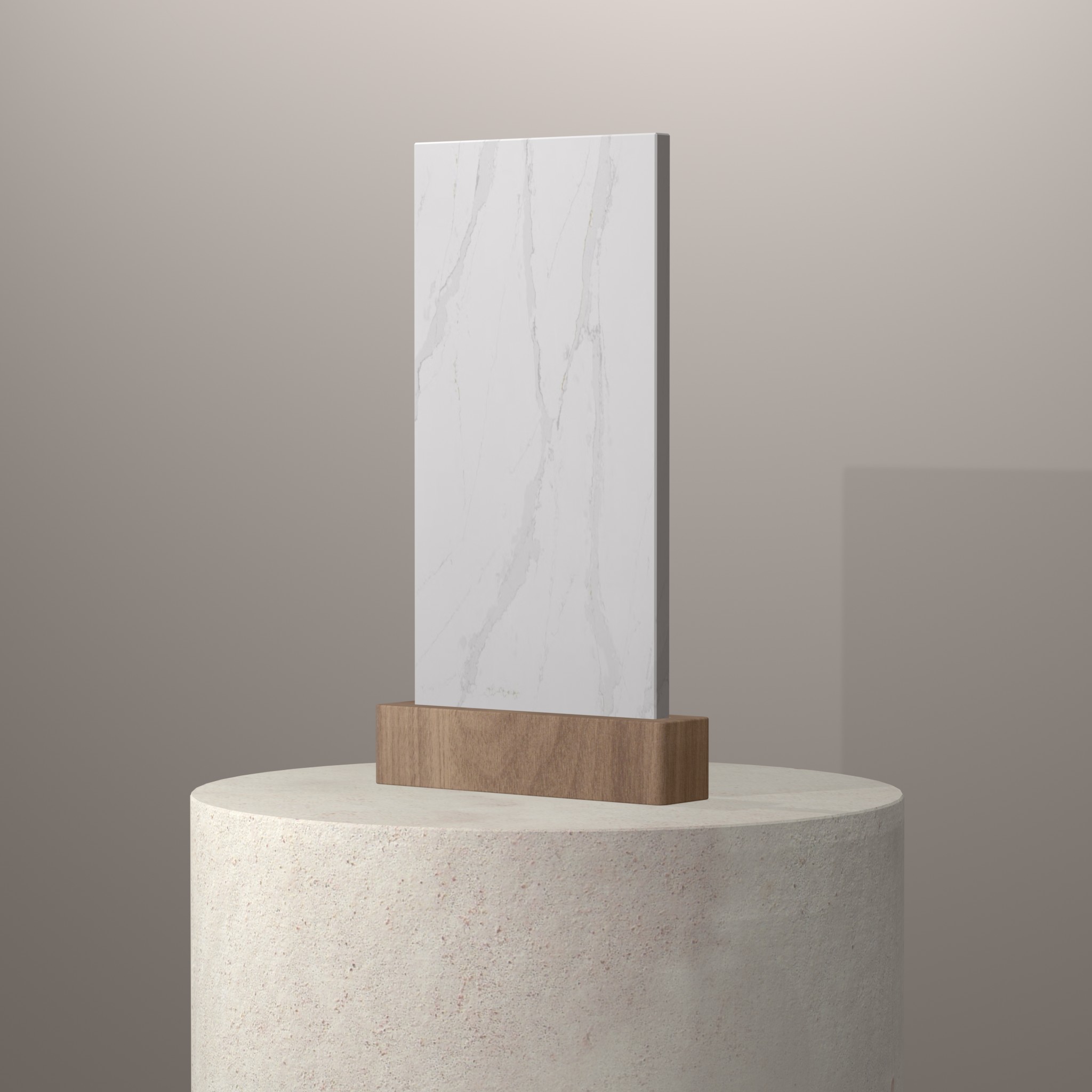 Rendu 3D du coloris Eternal Calacatta Gold en Quartz Silestone sur piédestal